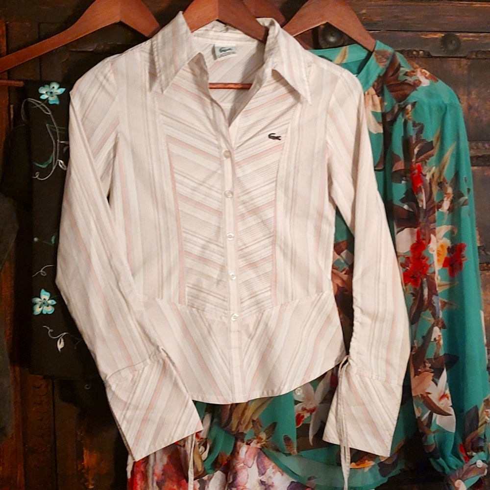 Preview Quick Listing Available Lacoste Vintage pink white button up blouse